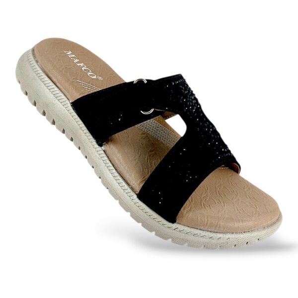 Comfortable women's flat sandals wholesale featuring a contoured footbed and a studded wide upper strap.