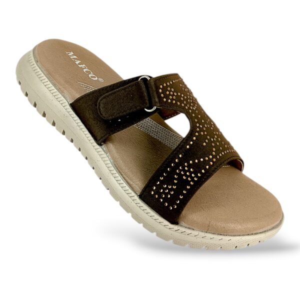 Comfortable women's flat sandals wholesale featuring a contoured footbed and a studded wide upper strap.