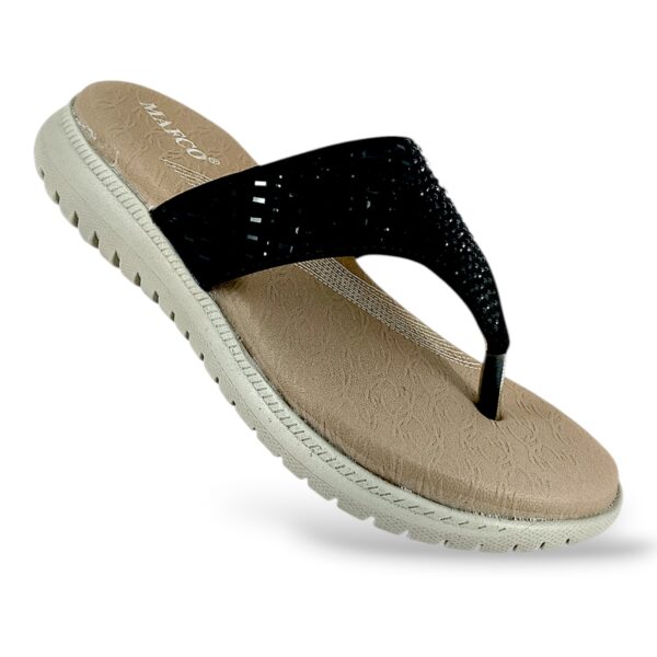 Women's flat sandals wholesale featuring an embellished thong strap and a textured, comfortable footbed.