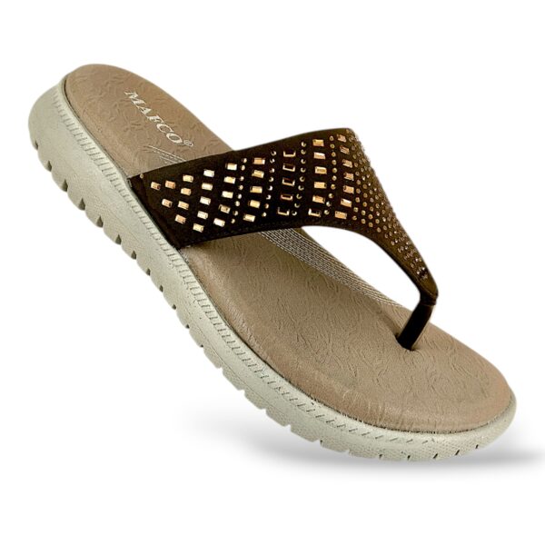 Women's flat sandals wholesale featuring an embellished thong strap and a textured, comfortable footbed.