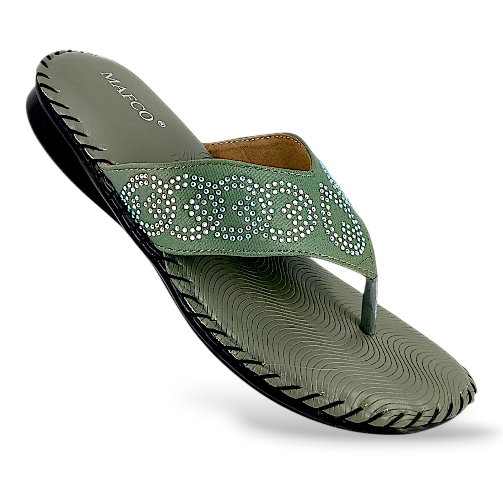 MD-744-GREEN-7X12-6-1 Elegant women's flat sandals wholesale with decorated thong strap and textured footbed