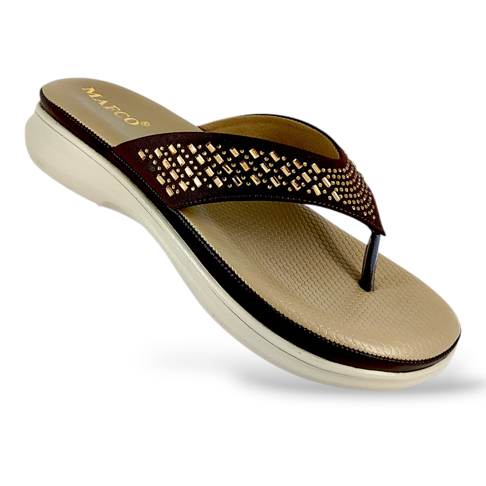 MDC-16-BROWN-8X12-6-1 Comfortable women's flat sandals wholesale featuring an embellished V-strap and a textured, cushioned footbed.