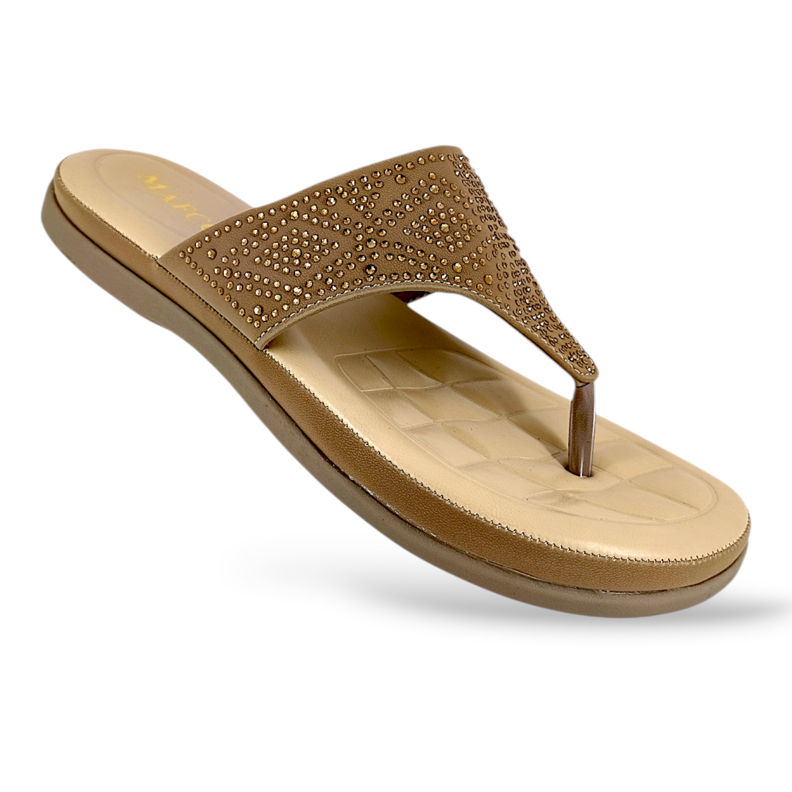 MDC-76-TOPE-8X12-6-1 Women's flat sandals wholesale featuring an embellished upper strap and T-strap design.