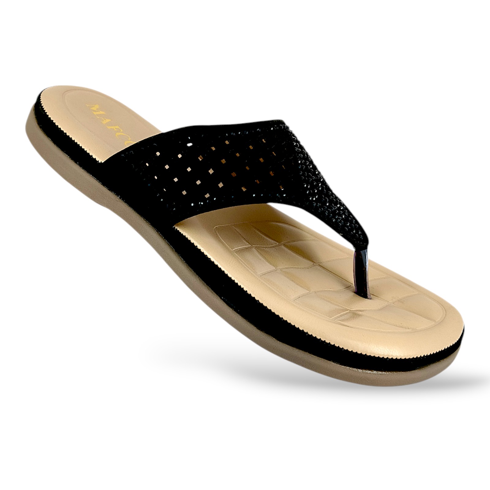 MDC-77-BLACK-8X12-6-1 Women's flat sandals wholesale featuring a decorative thong strap and a textured, cushioned footbed for comfort.