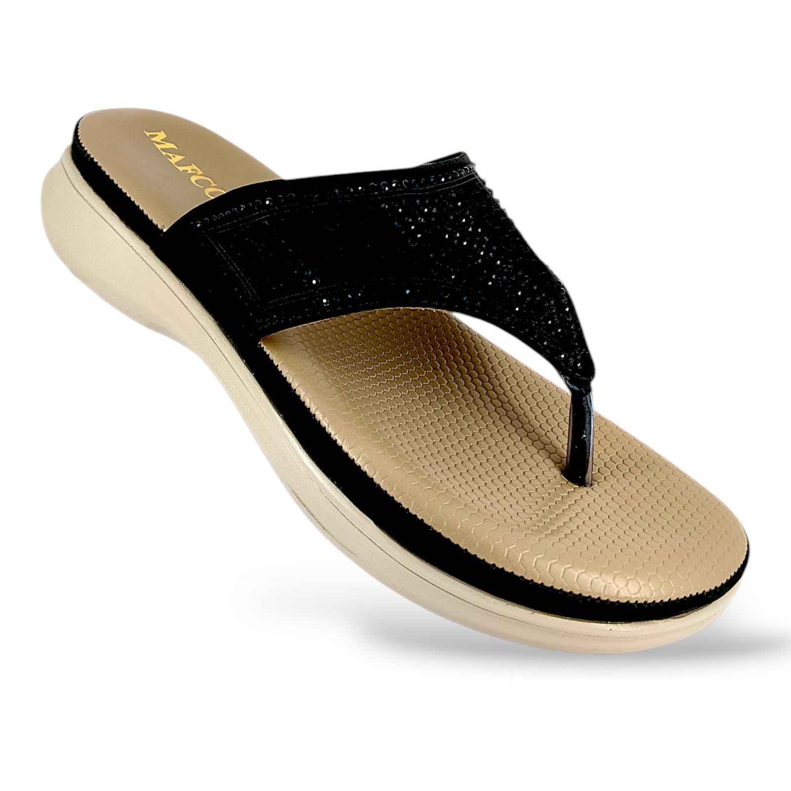 MDC-79-BLACK-8X12-6-1 Women's platform thong sandals wholesale featuring a textured cushioned footbed and an embellished upper strap.