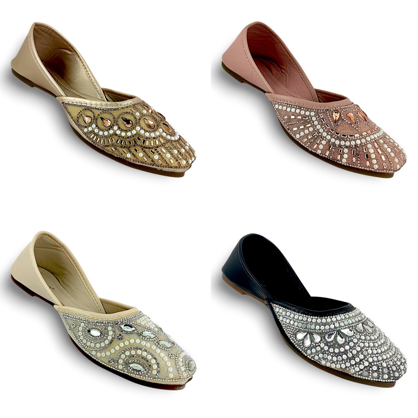 Mafco handmade juttis collection - gold, rose pink, ivory and black pearl embellished flats