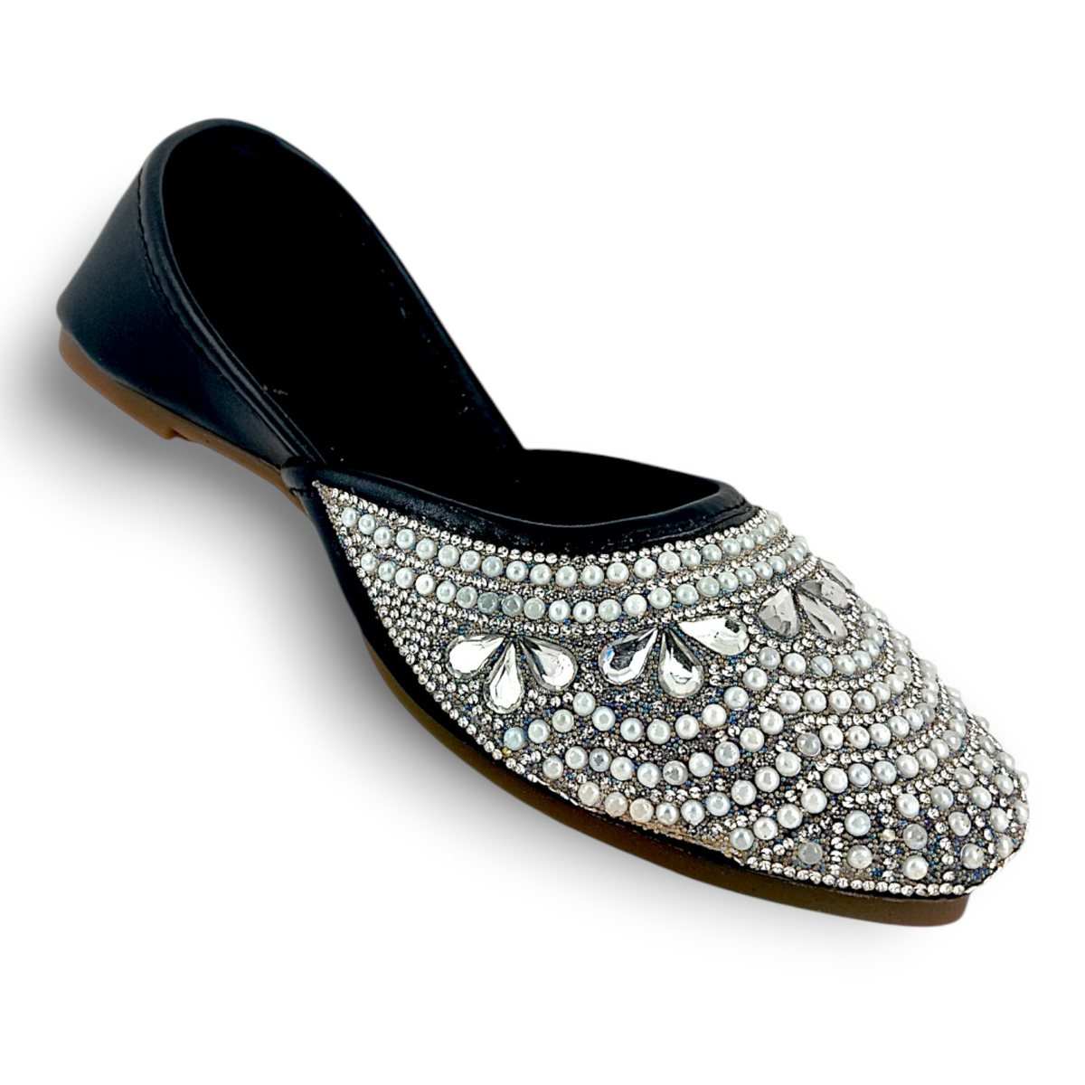 Black jutti with silver crystal embellishment