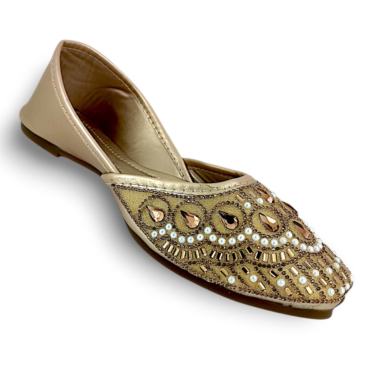 Gold pearl and crystal embellished handmade jutti